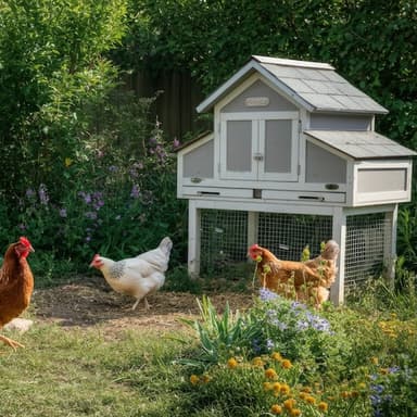 Backyard chicken coop with hens in garden setting