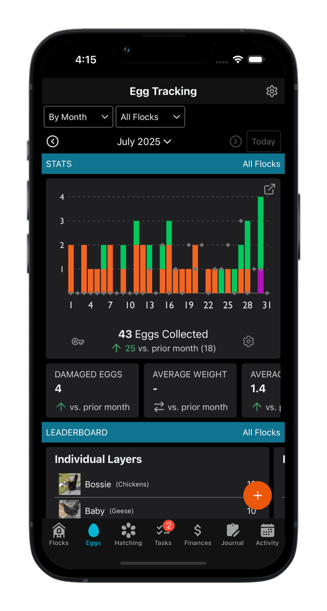 Egg production tracking interface with graphs and leaderboards