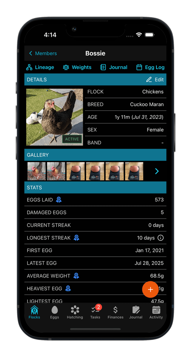 Flock management interface showing individual bird records