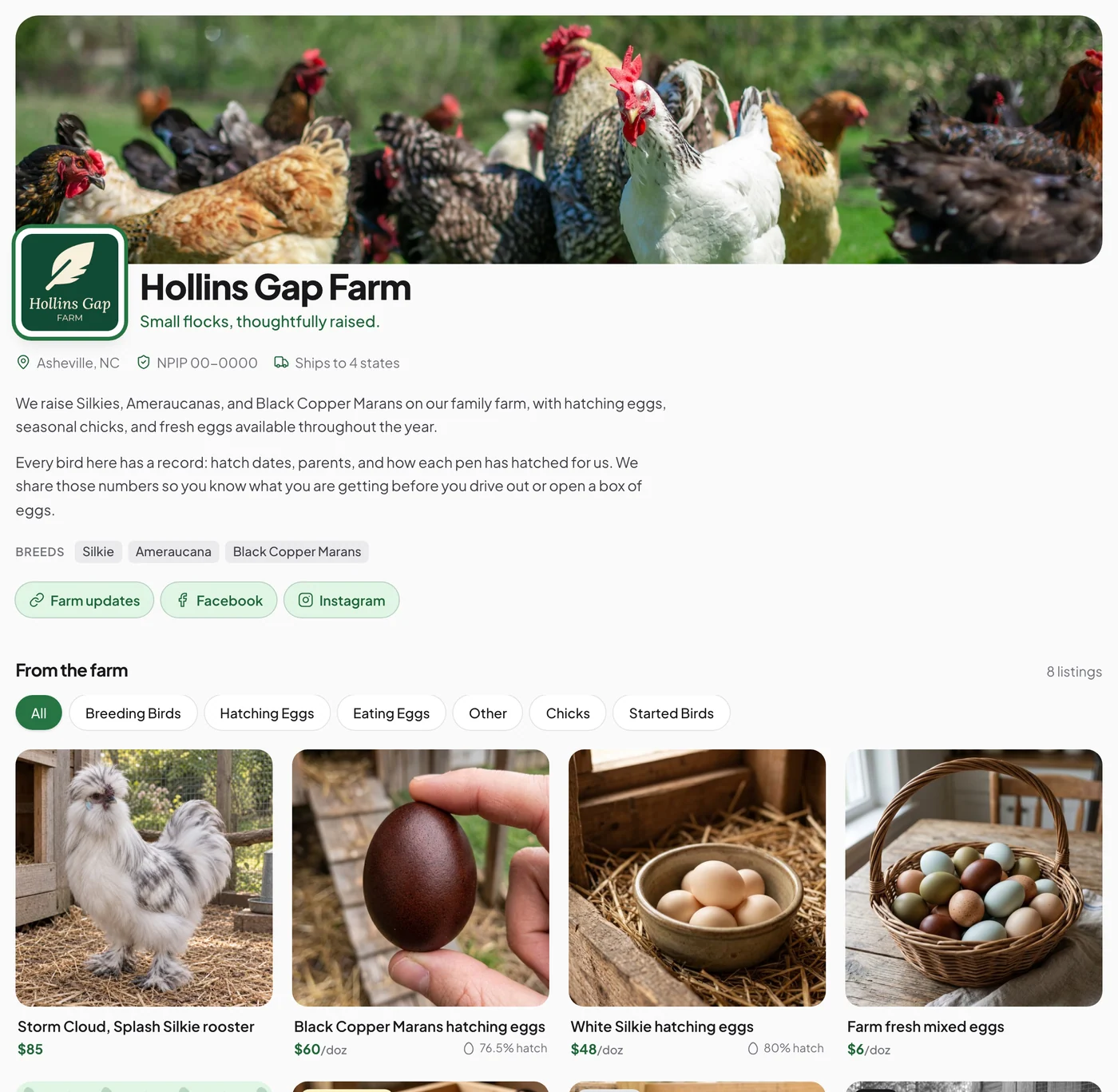 Example Farm Page for Hollins Gap Farm, with farm branding and listings for a Silkie rooster, hatching eggs, and fresh eggs
