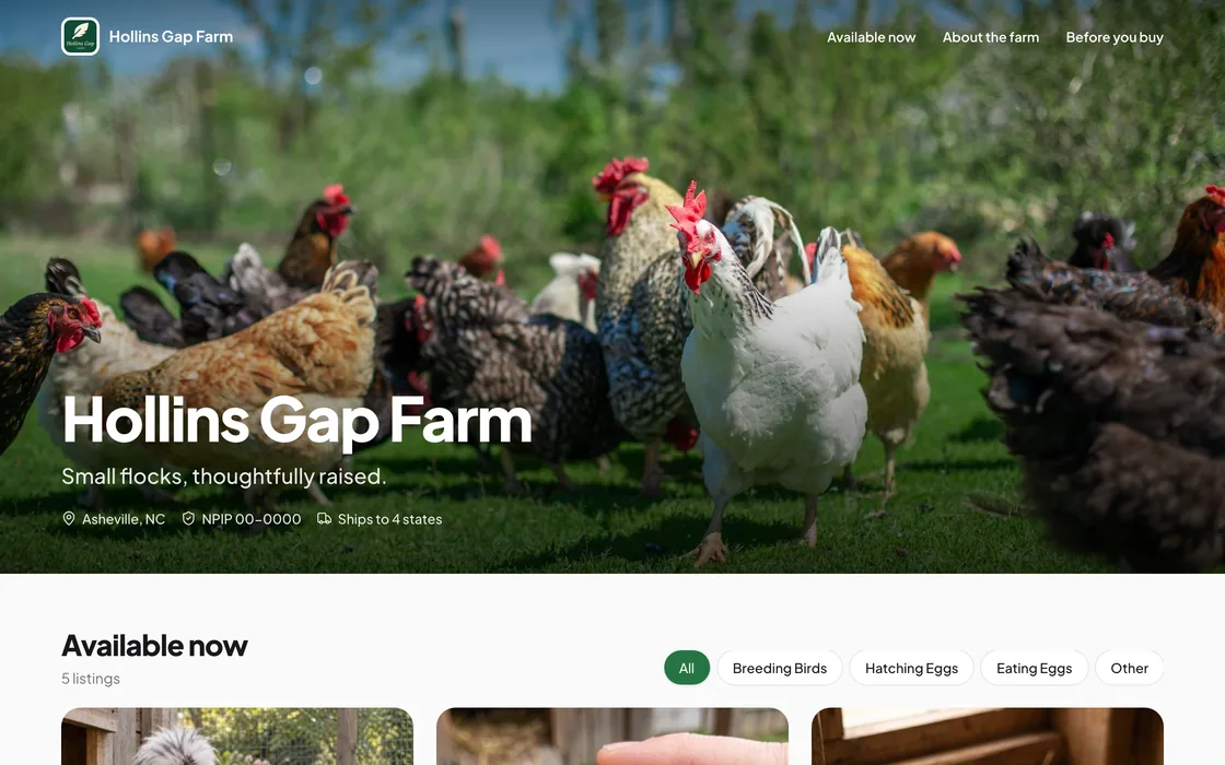Showcase layout home page for a demo farm