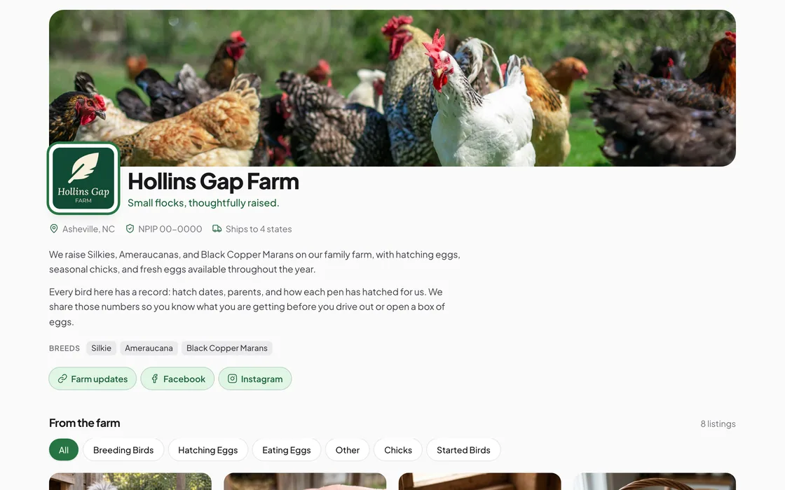 Storefront layout home page for a demo farm