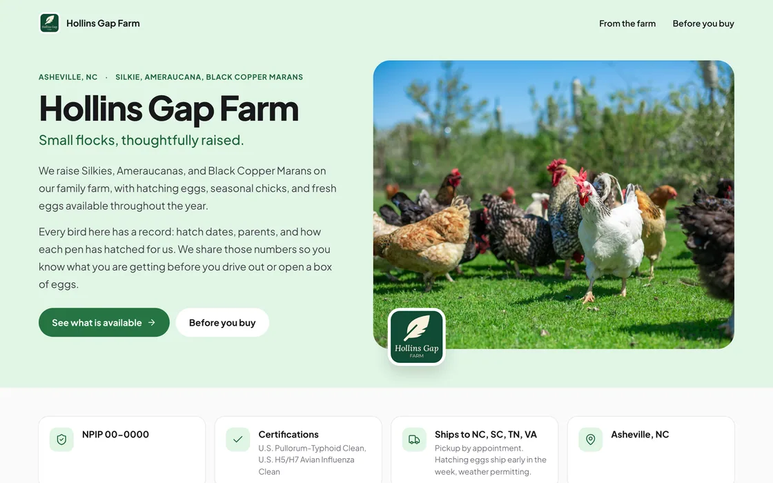 Story layout home page for a demo farm