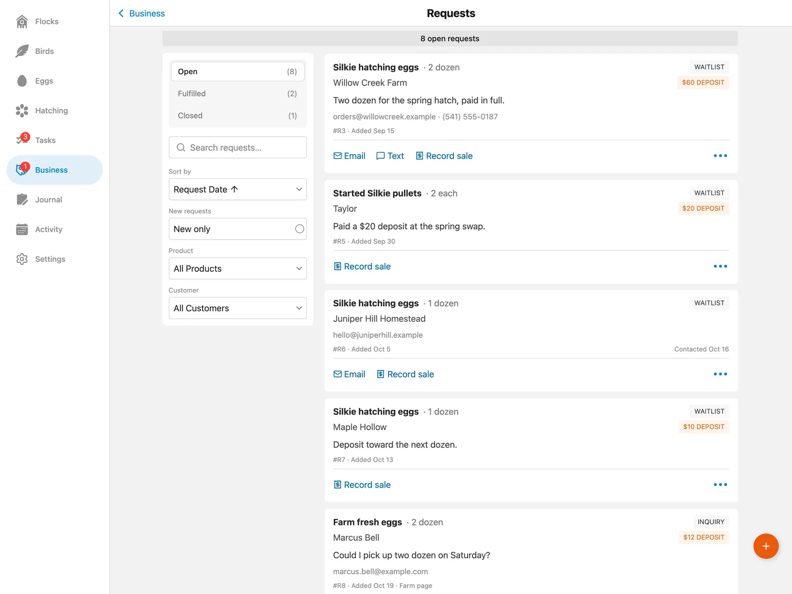 Flockstar Requests workspace showing open requests, product filters, customer details, deposit records, and follow-up actions