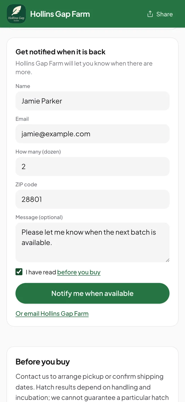 Mobile web waiting-list form for the coming-soon Silkie color sampler, with contact details, quantity, ZIP code, and a message